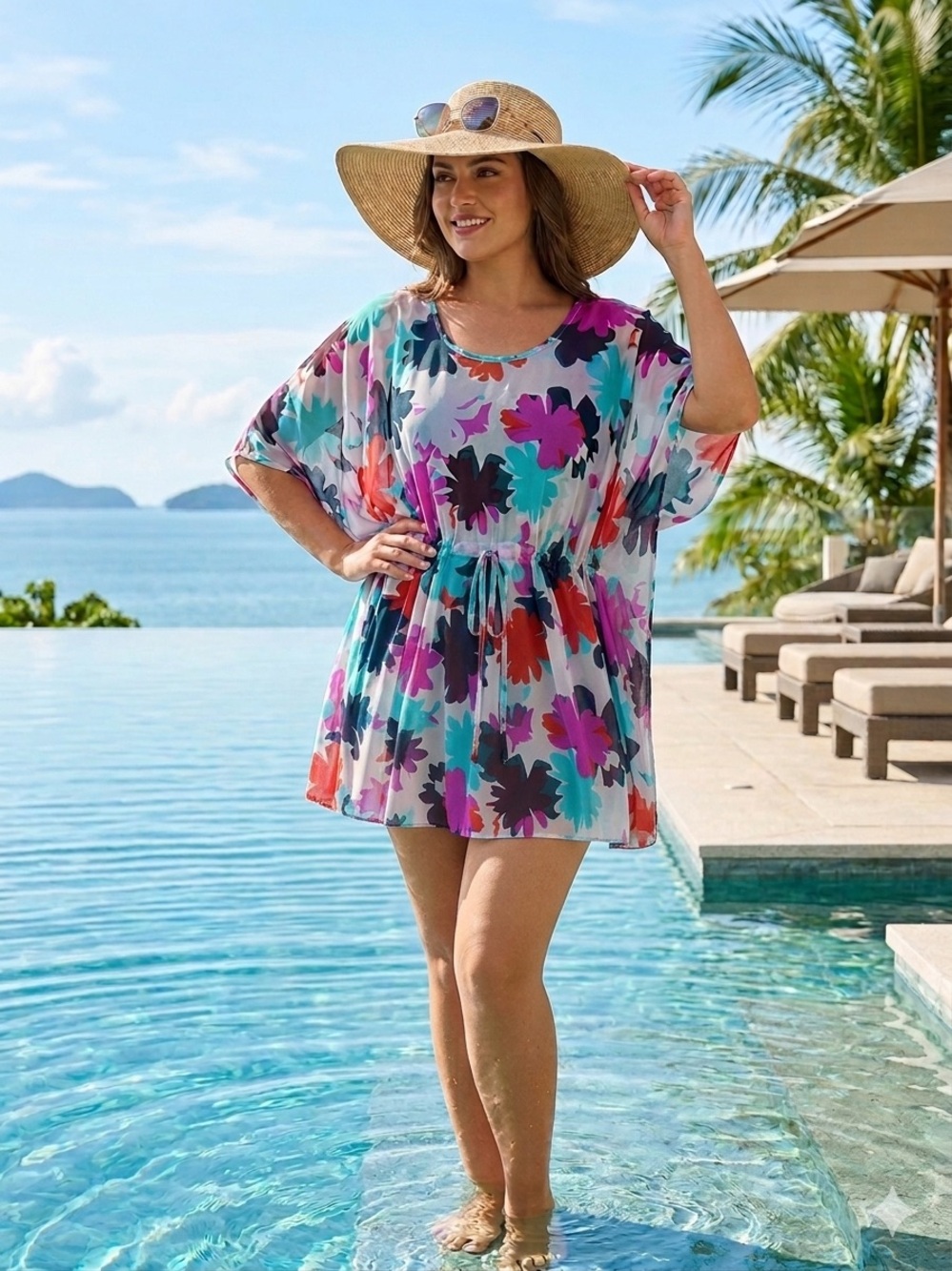 Magicsuit Floral Cover-Up in White with Pink, Red, Teal & Black Blossoms